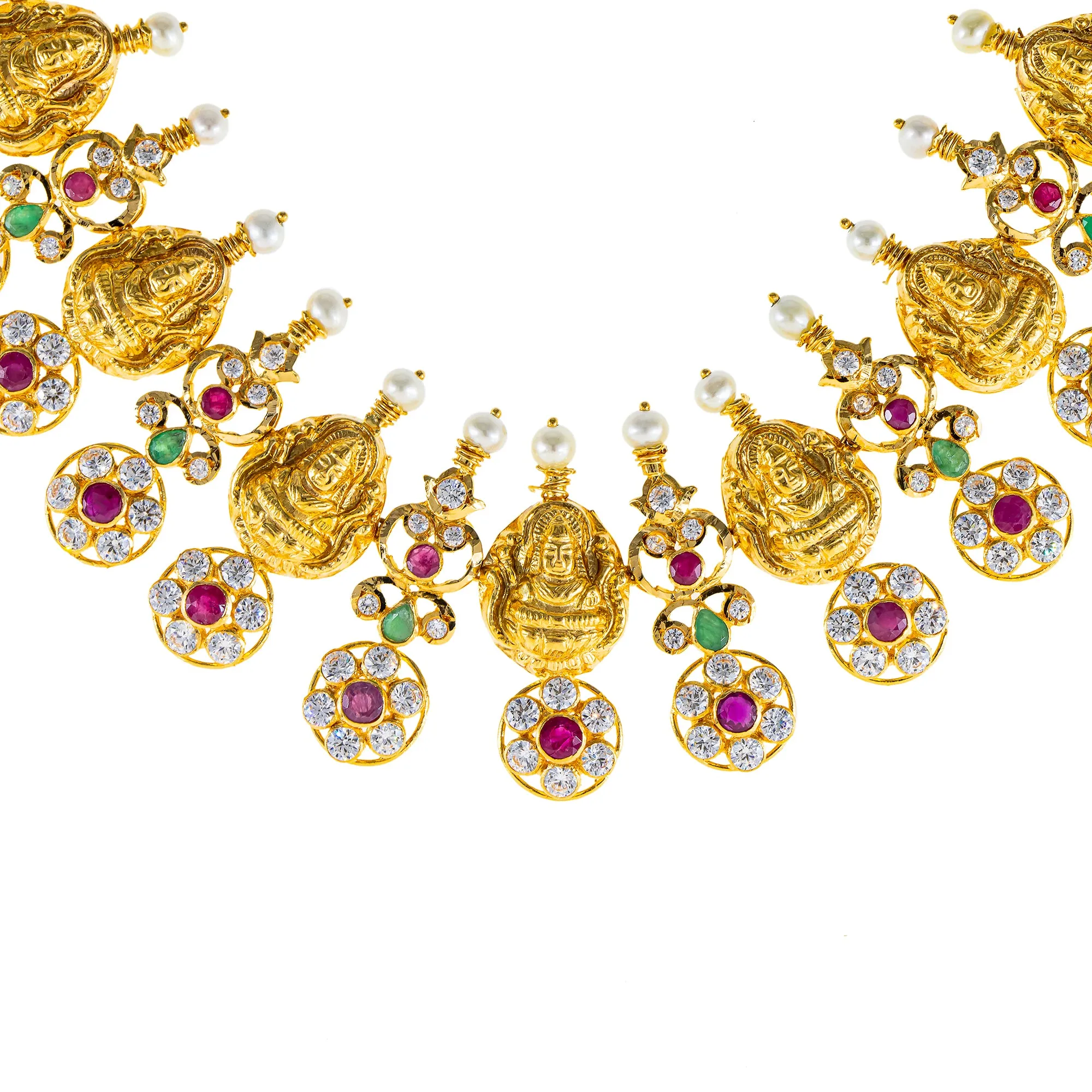 22K Antique Gold Temple Necklace w/ CZ, Emerald, Ruby & Pearl (97.8gm)