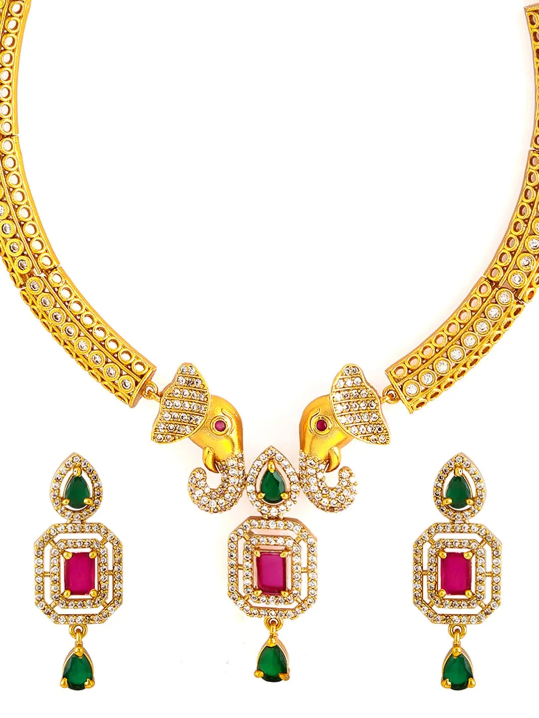 22K Gold-Plated Ruby & Emerald CZ Stone Studded Elephant Motif Necklace Set