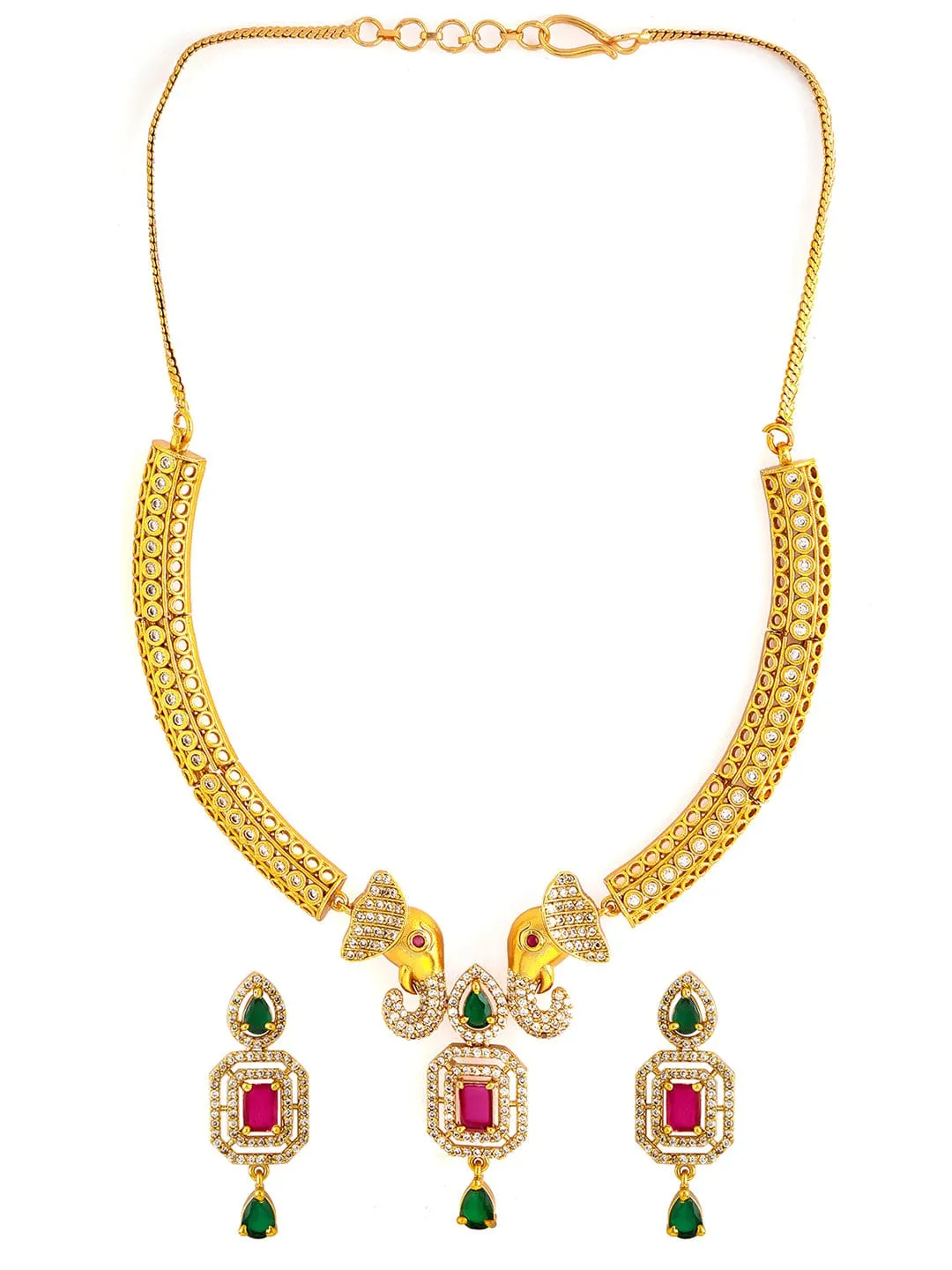 22K Gold-Plated Ruby & Emerald CZ Stone Studded Elephant Motif Necklace Set