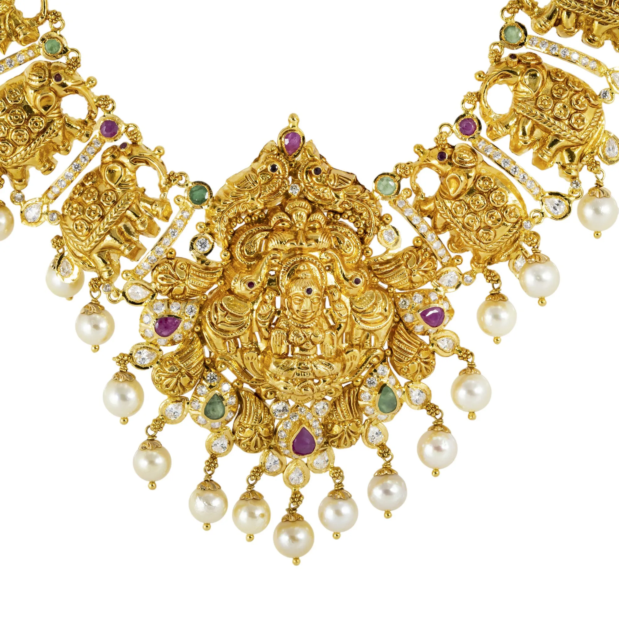 22K Yellow Gold, Emerald, Ruby, Pearl, and CZ Temple Necklace (104.1gm)