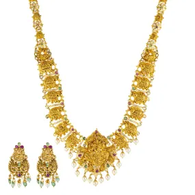 22K Yellow Gold, Emerald, Ruby, Pearl, and CZ Temple Necklace (104.1gm)