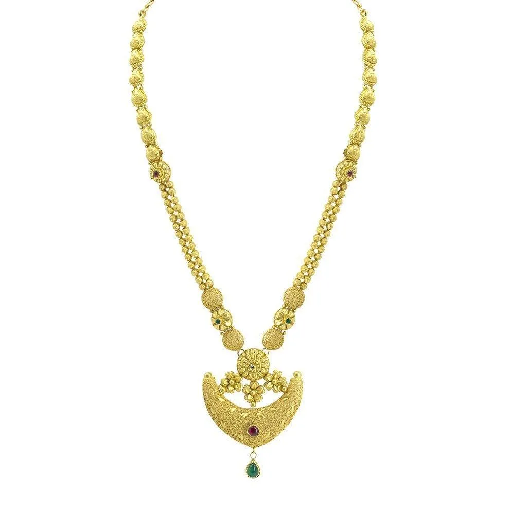 22K Yellow Gold Necklace & Earrings Set W/ Kundan on Anchor Pendants & Thick Beaded Strand