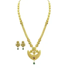 22K Yellow Gold Necklace & Earrings Set W/ Kundan on Anchor Pendants & Thick Beaded Strand