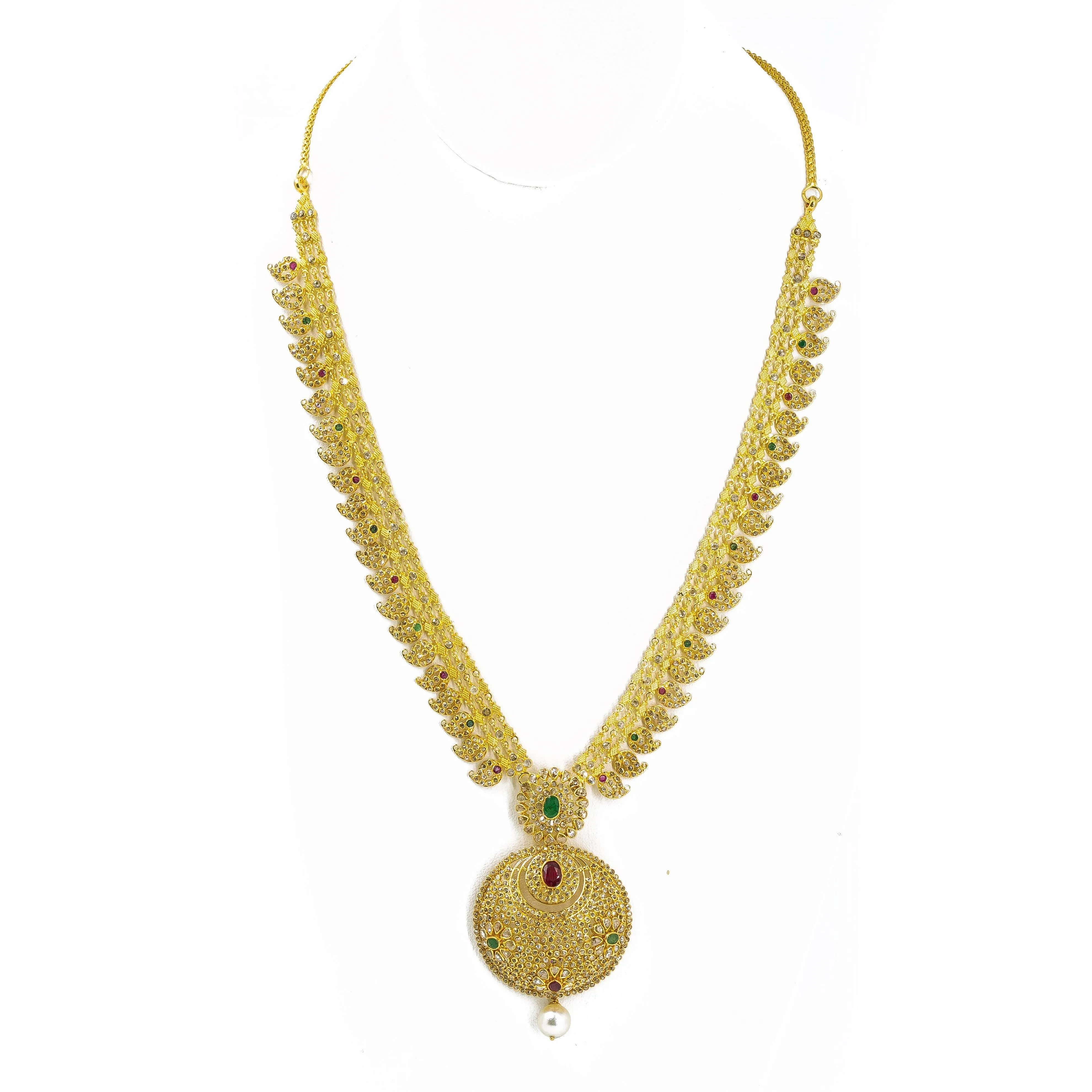 22K Yellow Gold Set Necklace & Earrings W/ Uncut Diamonds, Rubies & Emeralds on Three-Row Chain