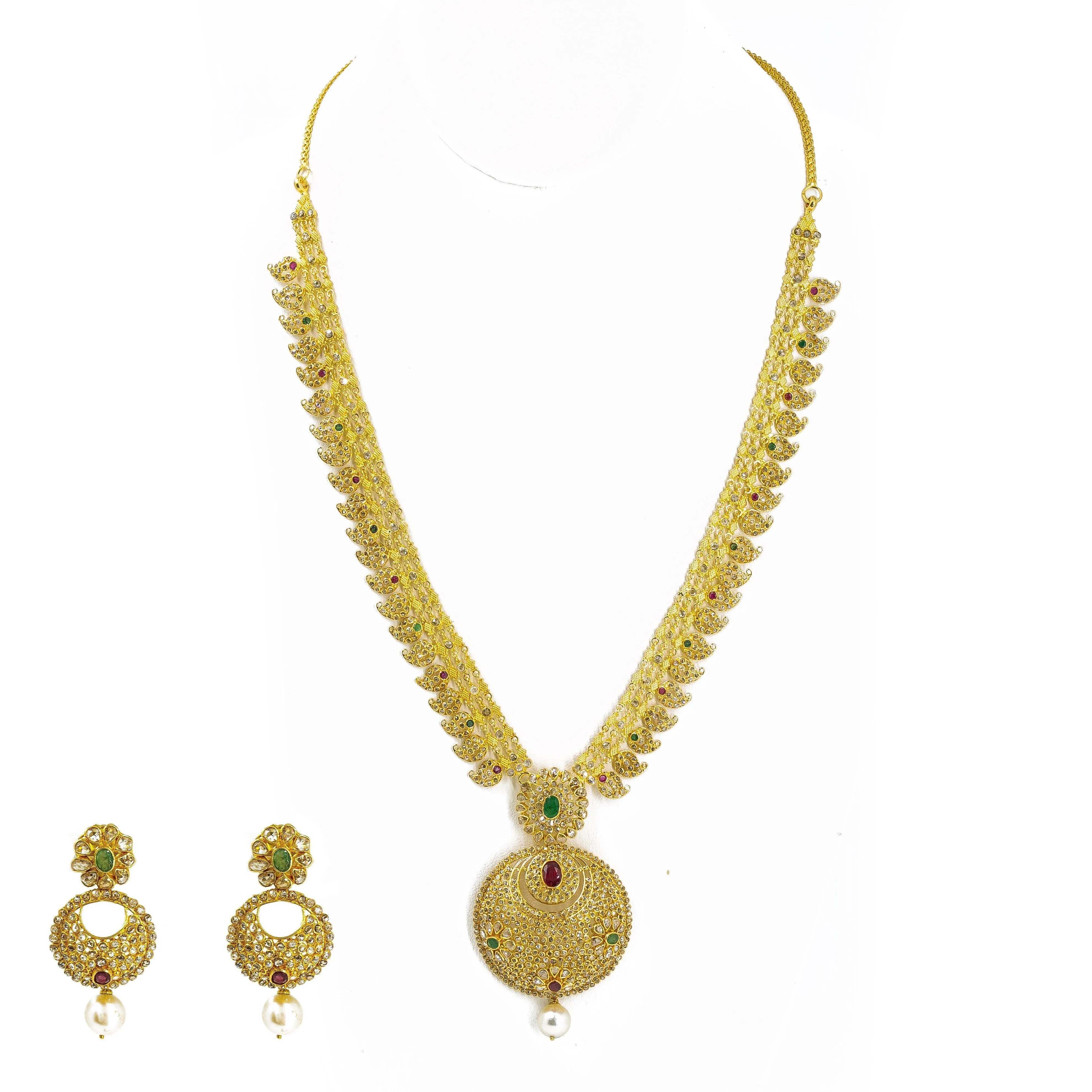 22K Yellow Gold Set Necklace & Earrings W/ Uncut Diamonds, Rubies & Emeralds on Three-Row Chain