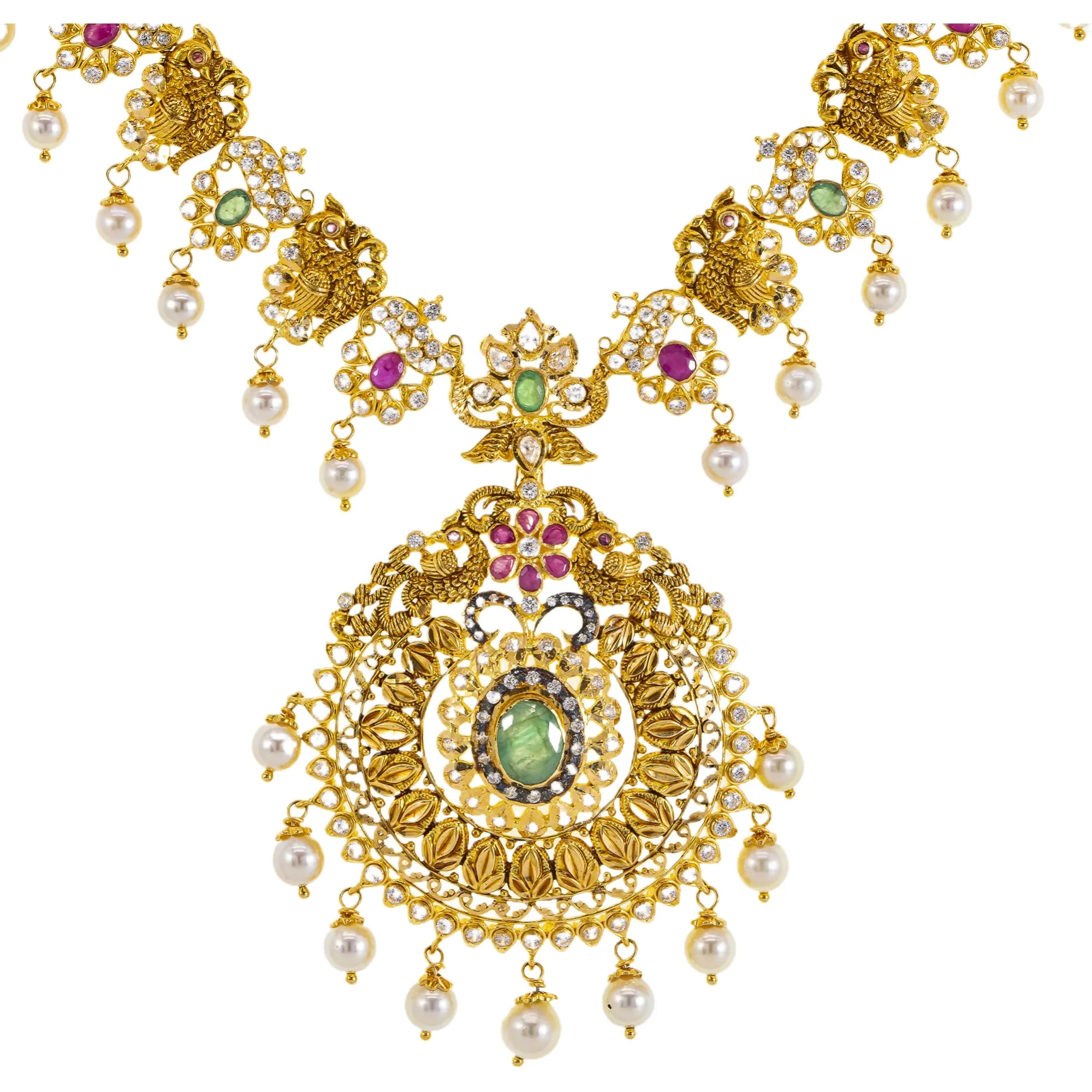 22K Yellow Gold Temple Necklace w/ Emerald, Ruby, CZ, and Pearl (92.15gm)