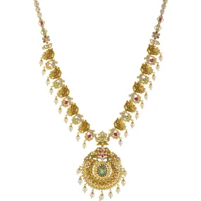 22K Yellow Gold Temple Necklace w/ Emerald, Ruby, CZ, and Pearl (92.15gm)