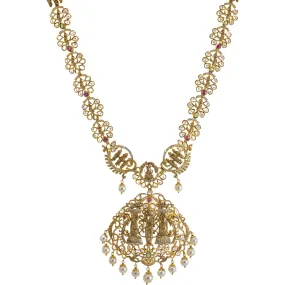 22K Yellow Gold Temple Necklace w/ Emerald, Ruby, Pearl & CZ (117.4gm)