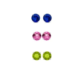 24k White Gold Plated 2Ct Created Blue Sapphire, Pink Sapphire and Peridot 3 Pair Round Stud Earrings