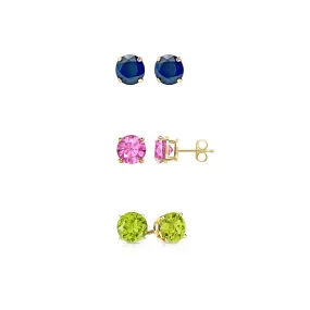 24k Yellow Gold Plated 1Ct Created Blue Sapphire, Pink Sapphire and Peridot 3 Pair Round Stud Earrings