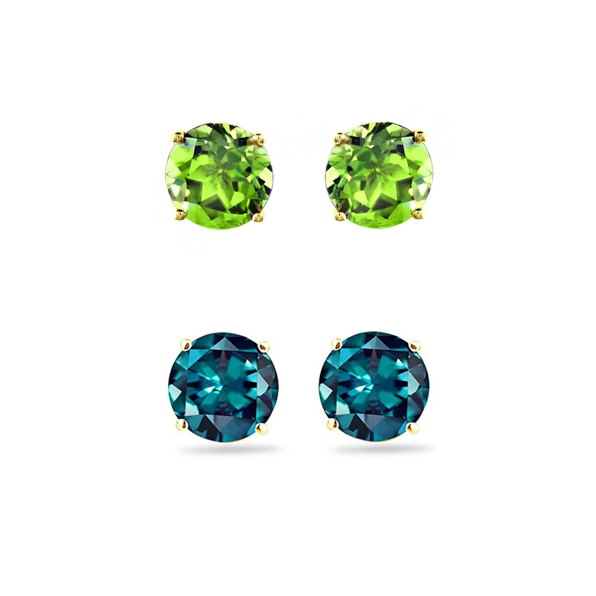 24k Yellow Gold Plated 1Ct Created Peridot and Alexandrite 2 Pair Round Stud Earrings