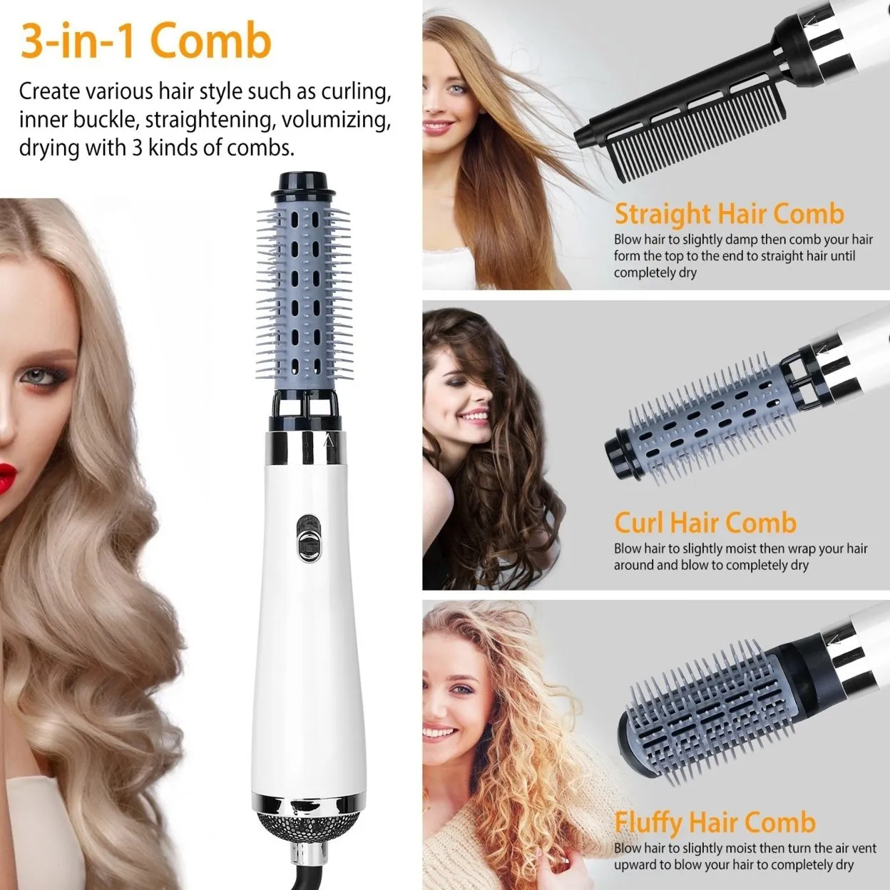 3 In 1 Hot Air Brush One-Step Hair Dryer Comb 3 Interchangeable Brush Combs Volumizer Hair Curler Straightener 66.93in