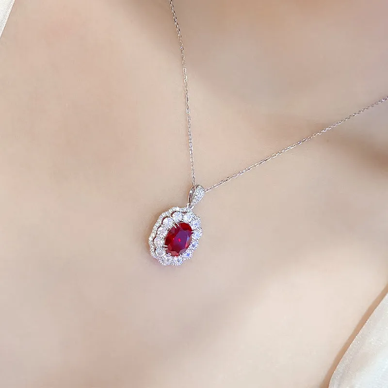 3.0 Carat Oval Lab-Created Ruby Halo Pendant in S925 Silver-Plated Platinum Necklace