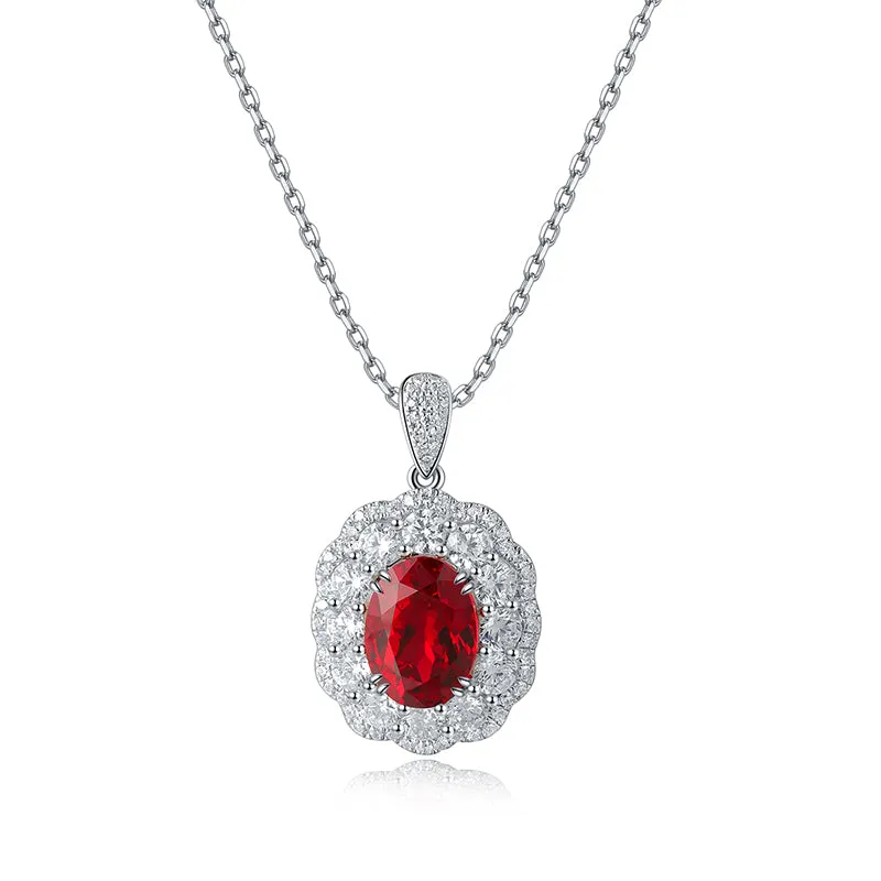 3.0 Carat Oval Lab-Created Ruby Halo Pendant in S925 Silver-Plated Platinum Necklace