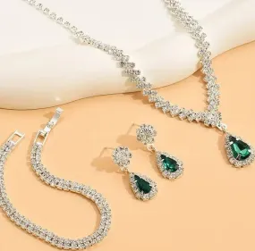 4pcs SILVER Emerald Green Jewelry Set l Rhinestone Earrings l Necklace l Bracelet l Prom l Wedding JS-927