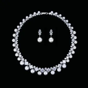 5A Cubic Zirconia Bride Pearls Necklace Earring Set for Wedding CN10130