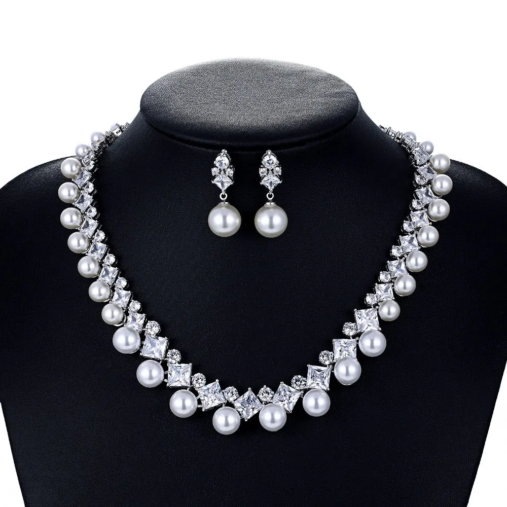 5A Cubic Zirconia Bride Pearls Necklace Earring Set for Wedding CN10130