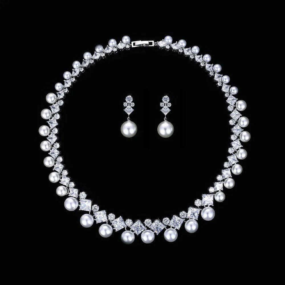 5A Cubic Zirconia Bride Pearls Necklace Earring Set for Wedding CN10130