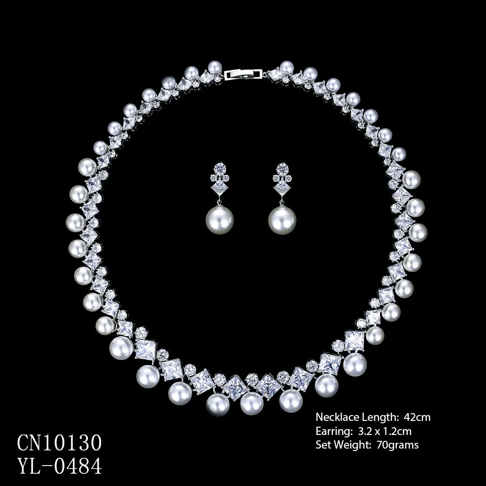 5A Cubic Zirconia Bride Pearls Necklace Earring Set for Wedding CN10130