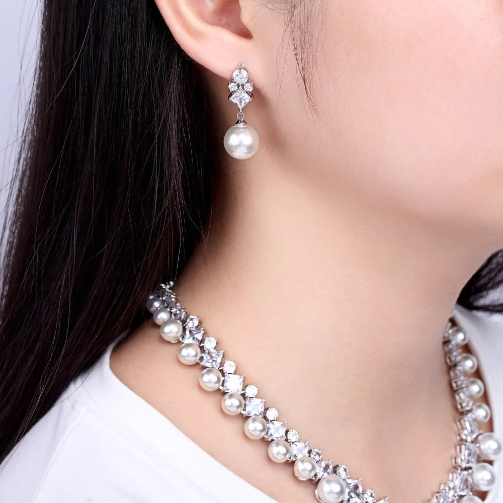 5A Cubic Zirconia Bride Pearls Necklace Earring Set for Wedding CN10130