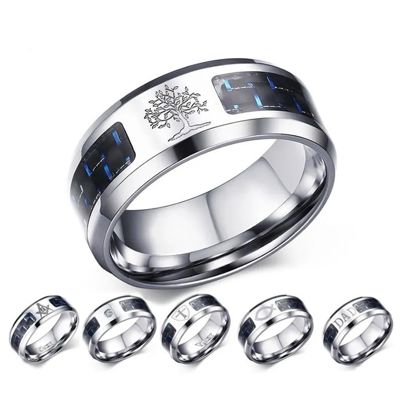 8mm Personalize Carbon Fiber Ring For Man Engraved Tree Of Life Stainless Steel Male Alliance Casual Customize Jewelry