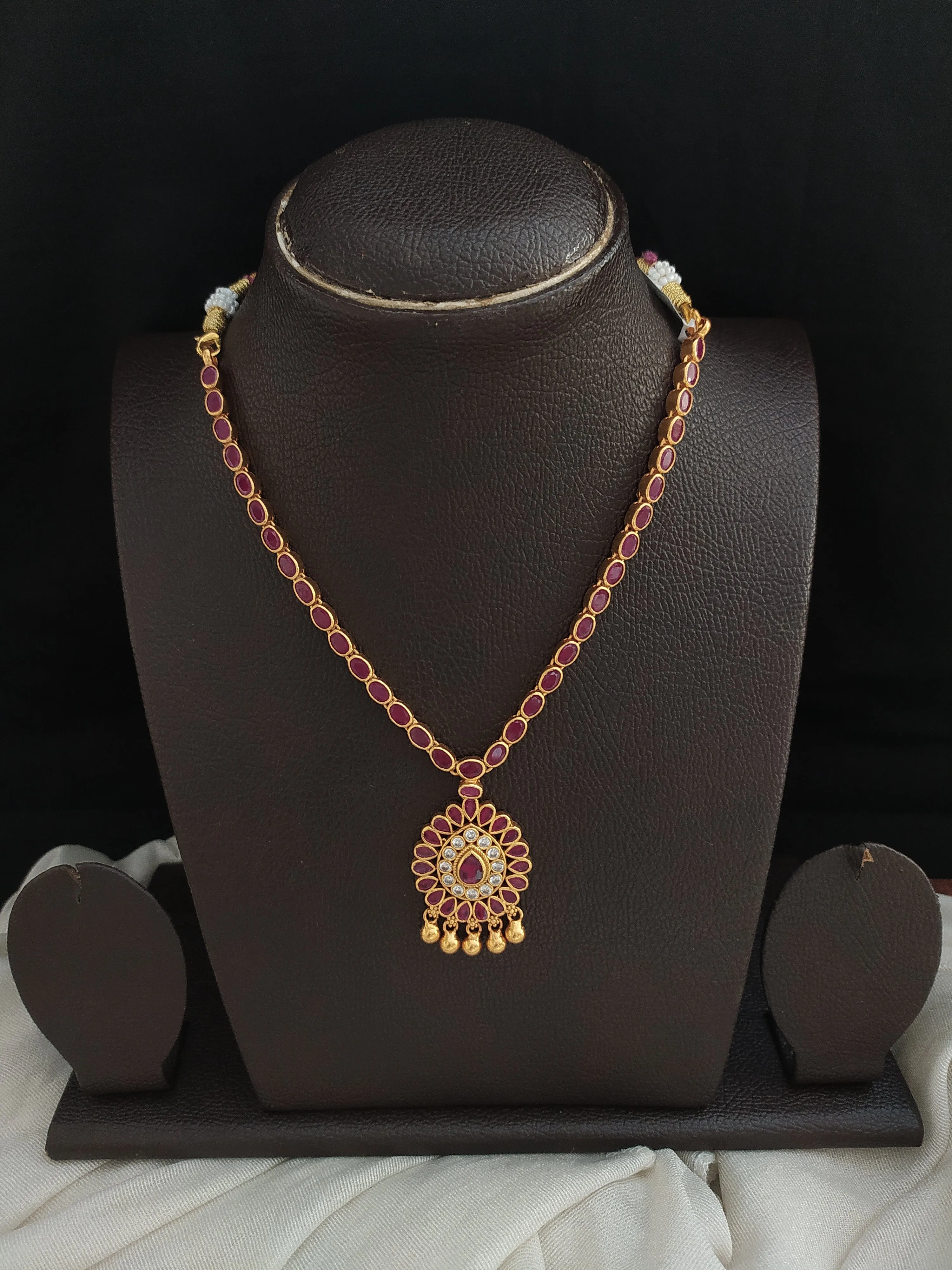 92.5 Pure Silver Ruby Necklace with Hanging Golden Balls