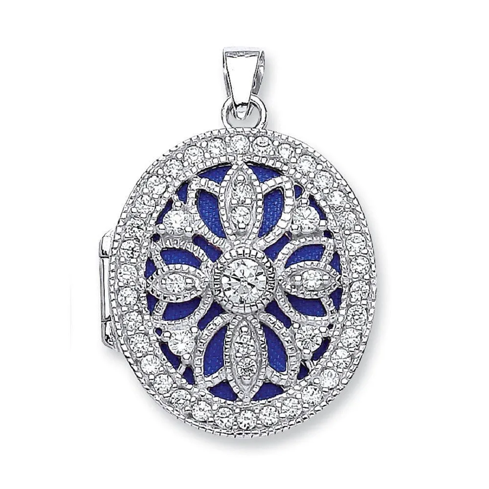 925 Sterling Silver Cubic Zirconia Oval Shaped Locket Pendant Necklace