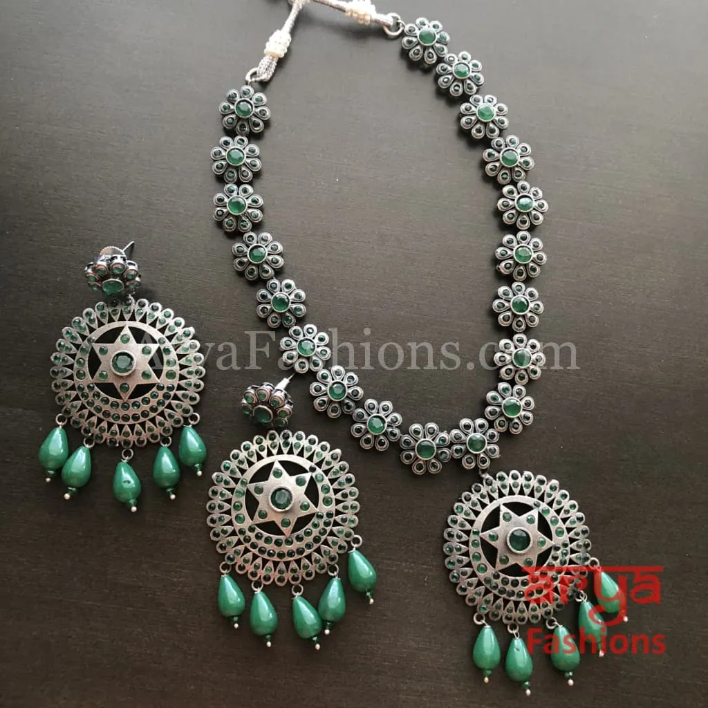 Aisha Long Oxidized Silver Statement Necklace with Pastel Stones and beads