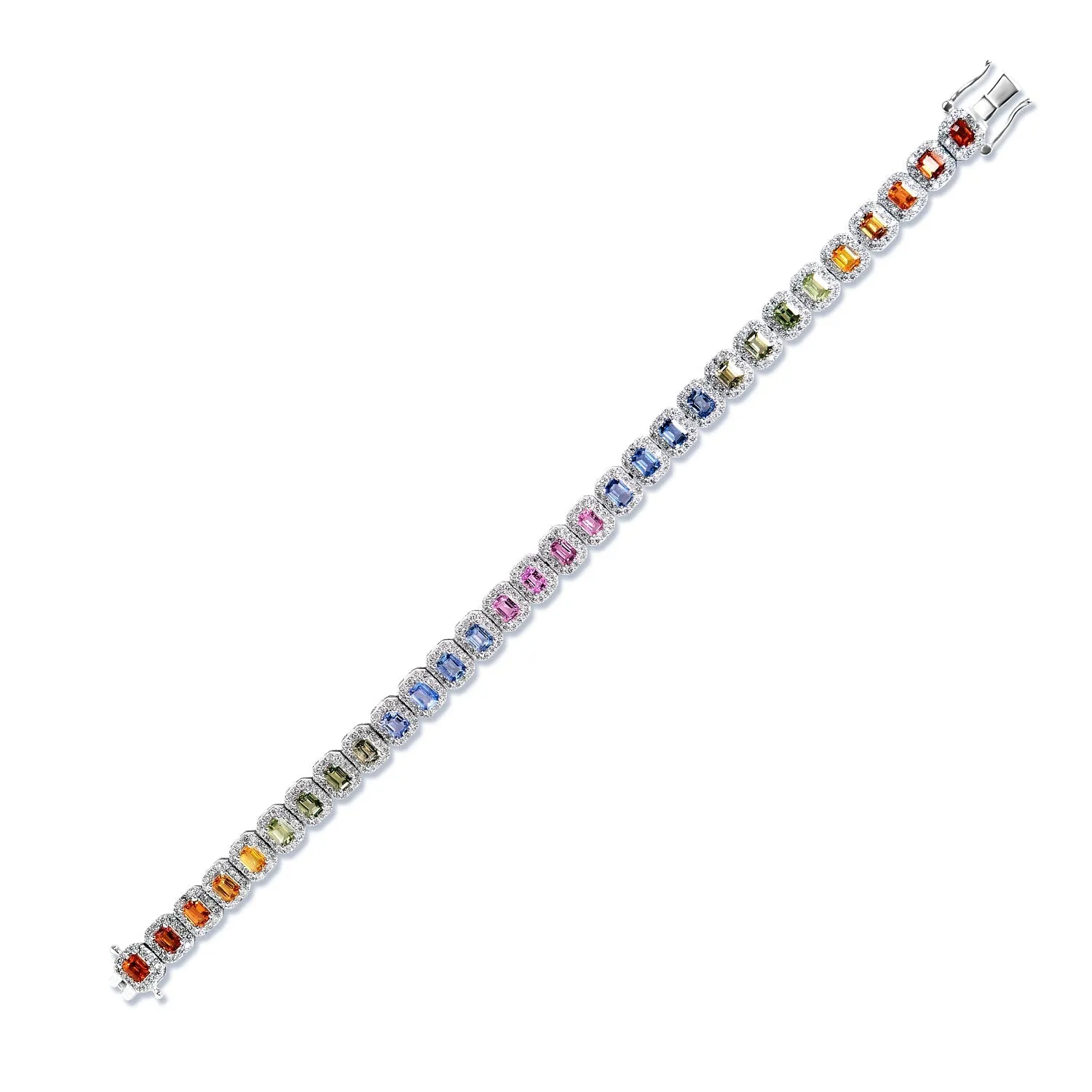 Alejandra 13 Carats Multi-Color Sapphire Emerald Cut Single Row Diamond Tennis Bracelet in 14k White Gold