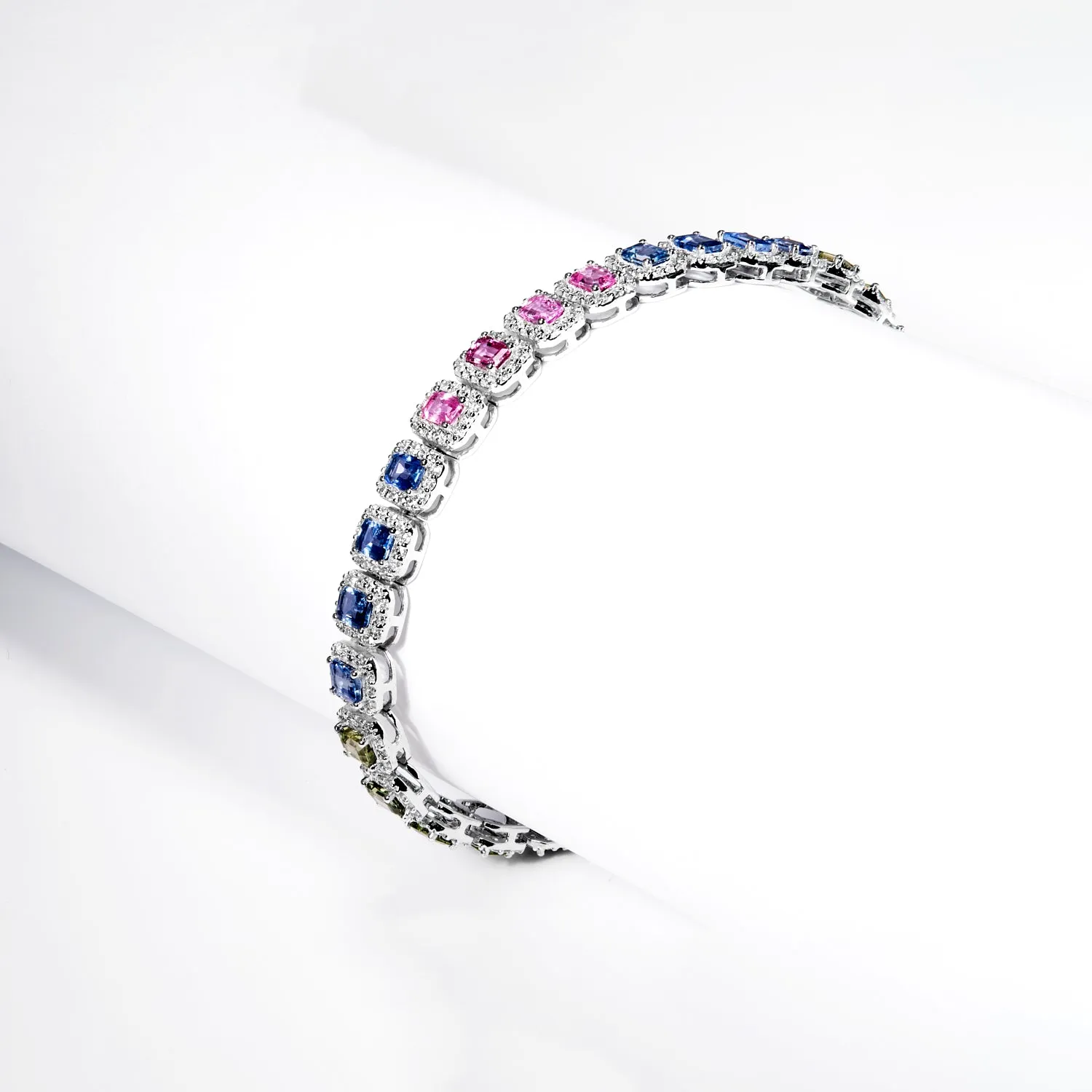 Alejandra 13 Carats Multi-Color Sapphire Emerald Cut Single Row Diamond Tennis Bracelet in 14k White Gold