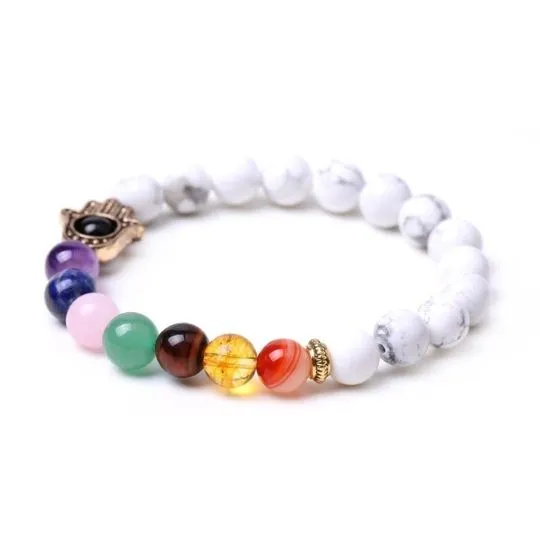 Ancient Infusions 7 Chakra Howlite Elastic Bracelet with Hamsa – Balance, Protection, and Spiritual Energy