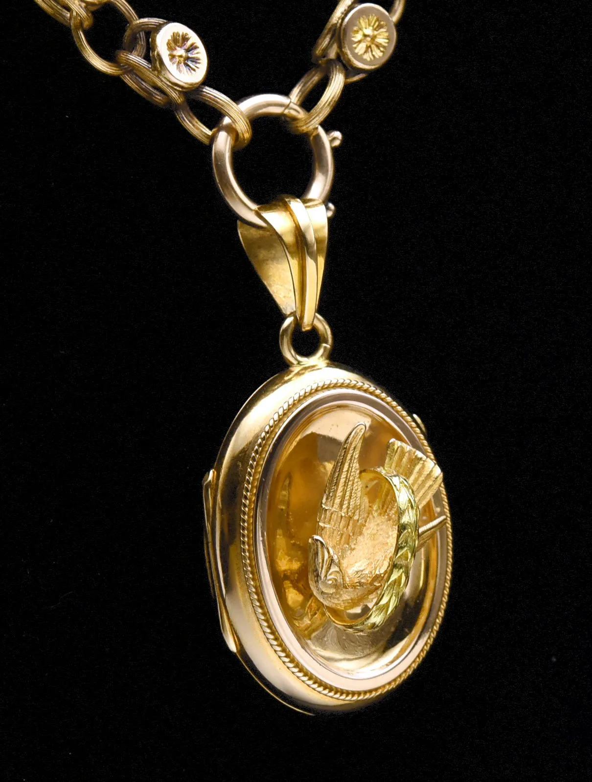 Antique 18k Gold Dove Locket on 18k Chain Necklace - 19.25"