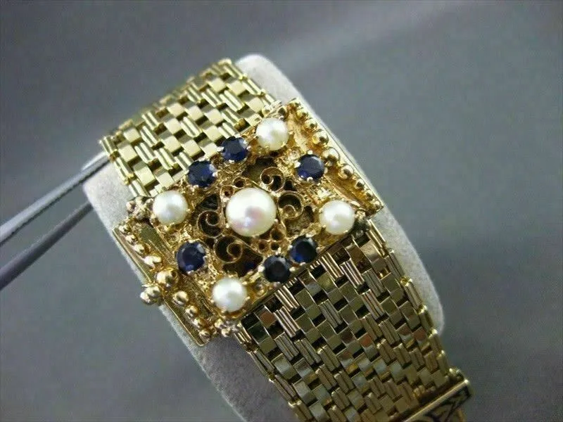 ANTIQUE .60CT SAPPHIRE 14KT Y GOLD PEARL & BLUE ENAMEL TASSEL BRACELET #19994