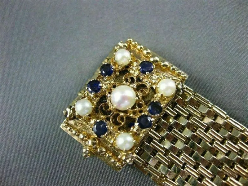 ANTIQUE .60CT SAPPHIRE 14KT Y GOLD PEARL & BLUE ENAMEL TASSEL BRACELET #19994