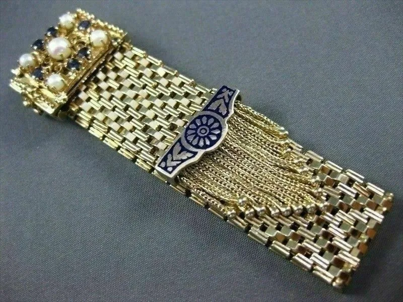 ANTIQUE .60CT SAPPHIRE 14KT Y GOLD PEARL & BLUE ENAMEL TASSEL BRACELET #19994