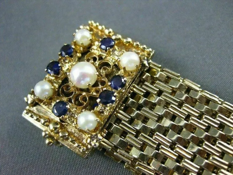 ANTIQUE .60CT SAPPHIRE 14KT Y GOLD PEARL & BLUE ENAMEL TASSEL BRACELET #19994