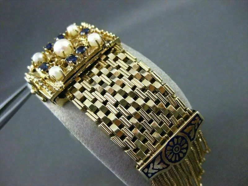 ANTIQUE .60CT SAPPHIRE 14KT Y GOLD PEARL & BLUE ENAMEL TASSEL BRACELET #19994