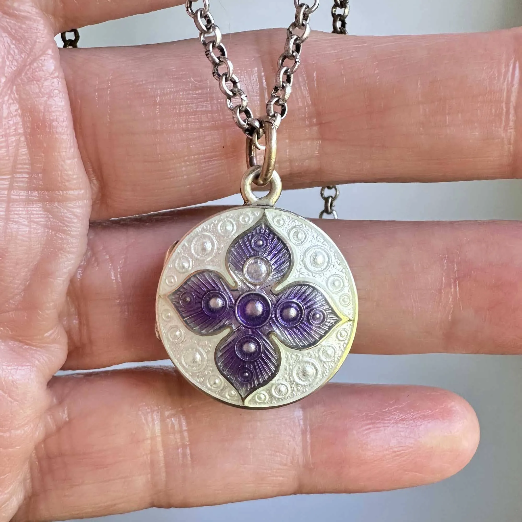 Antique Edwardian Purple & White Enamel Silver Locket