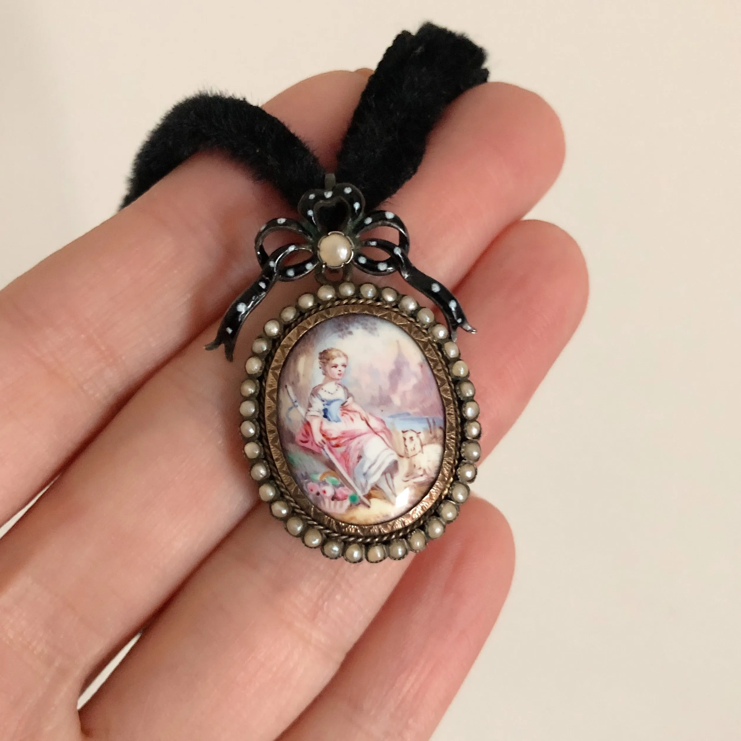 Antique French Hand Painted Shepherdess Pearl Locket