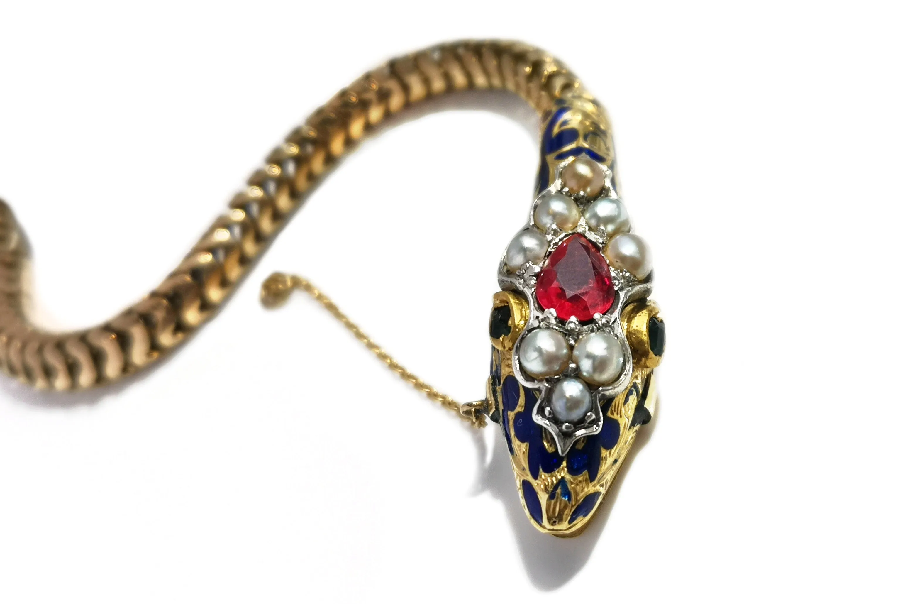 Antique Victorian Blue Enamel Ruby & Pearl 14k Gold Snake Necklace