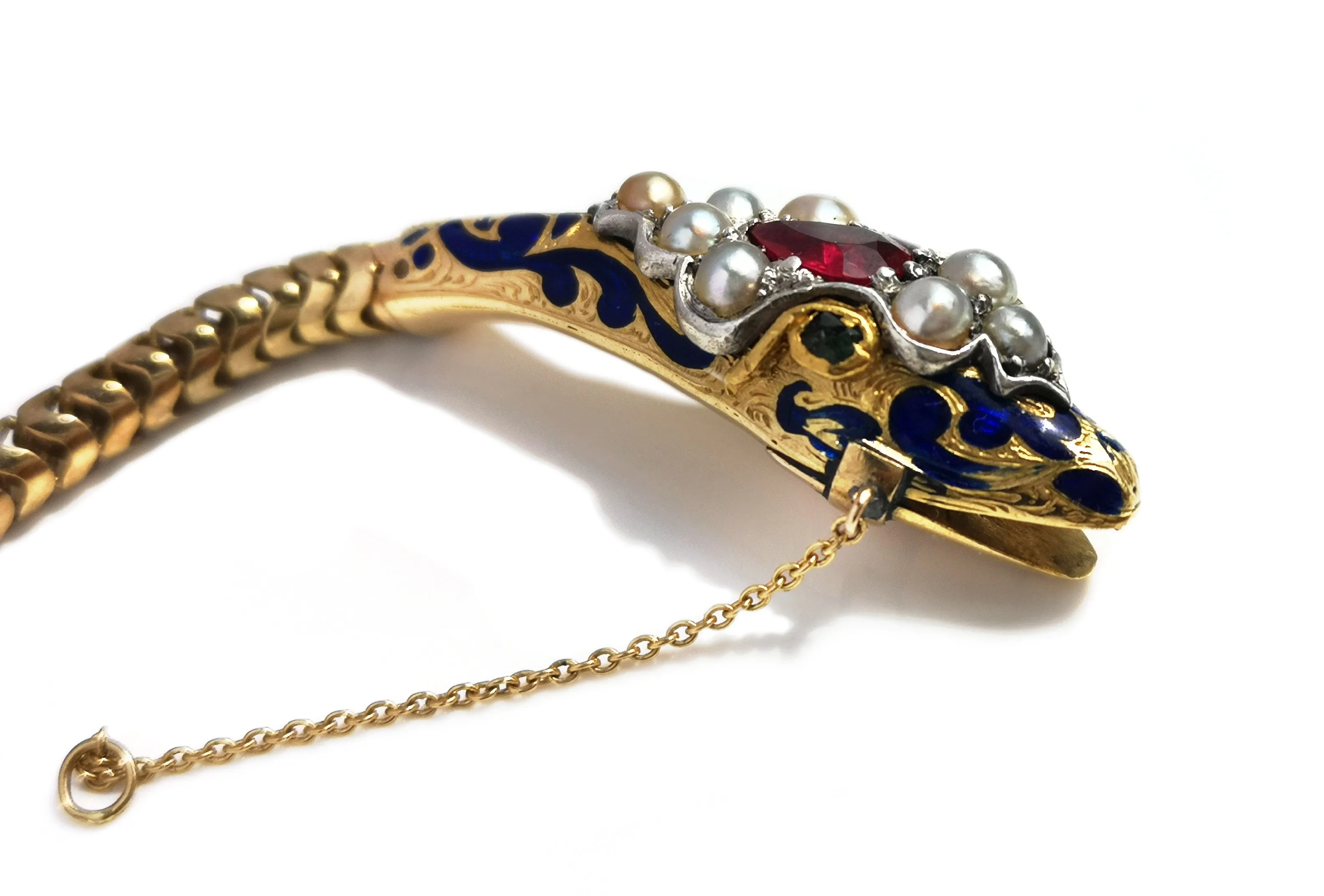 Antique Victorian Blue Enamel Ruby & Pearl 14k Gold Snake Necklace