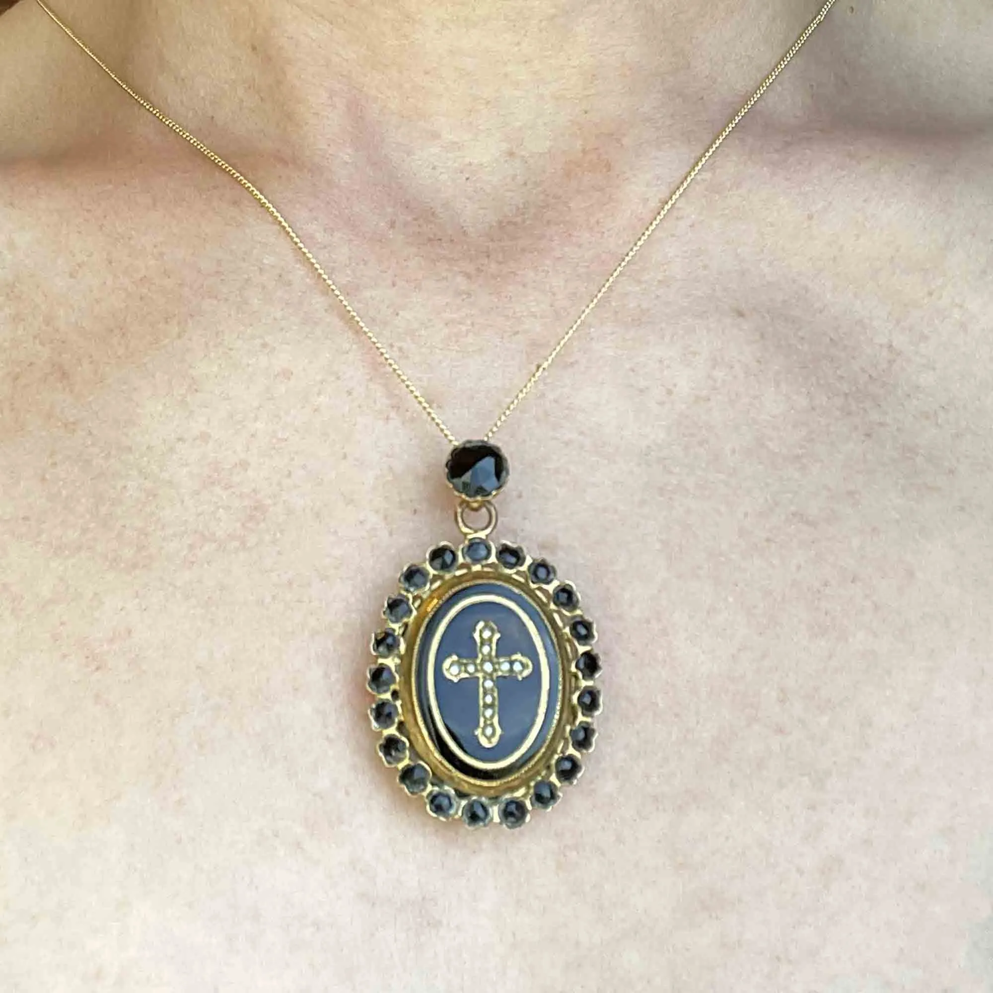 Antique Victorian Carved Whitby Jet Seed Pearl Cross Locket