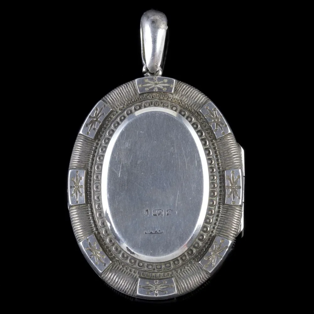 Antique Victorian Locket Silver Gold Forget Me Not Circa 1900