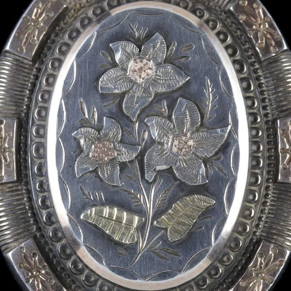 Antique Victorian Locket Silver Gold Forget Me Not Circa 1900