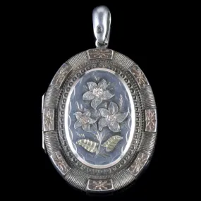 Antique Victorian Locket Silver Gold Forget Me Not Circa 1900