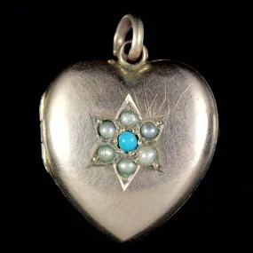 Antique Victorian Turquoise Pearl Heart Locket 9Ct Gold Circa 1900