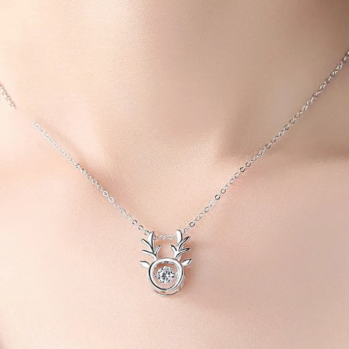 Antlers with Round Zircon Pendant Silver Necklace for Women