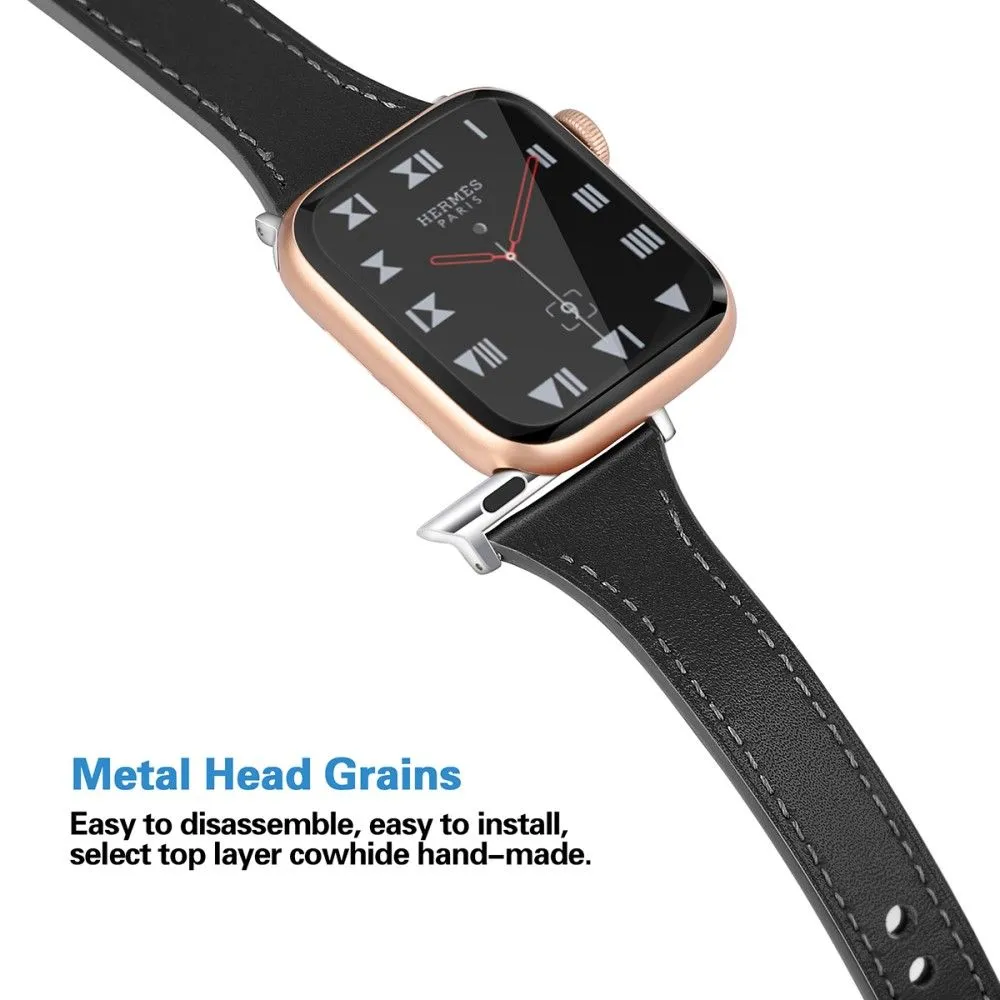 Apple Watch (45mm) stitching line genuine leather watch strap - Black / Size: L