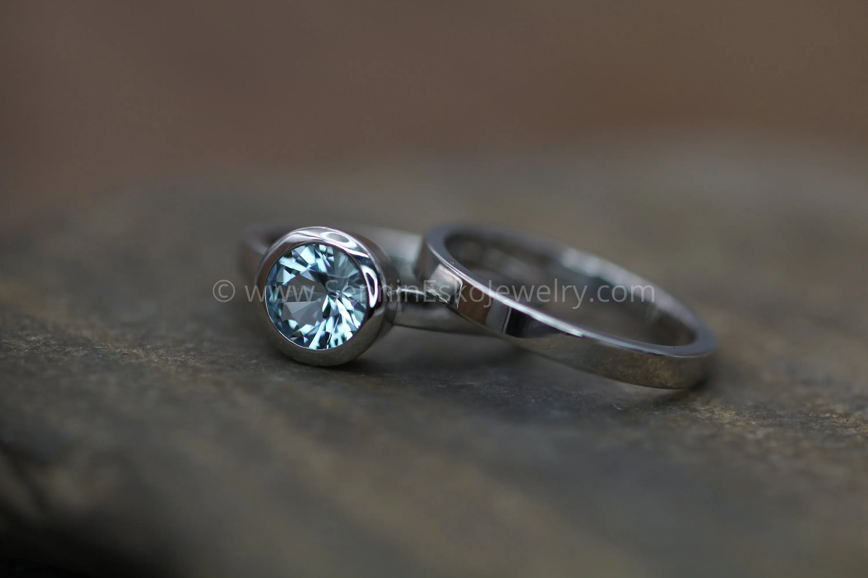 Aquamarine Platinum Wedding Set - Hand Cut Aquamarine - Aquamarine Engagement Ring - Platinum Wedding Ring