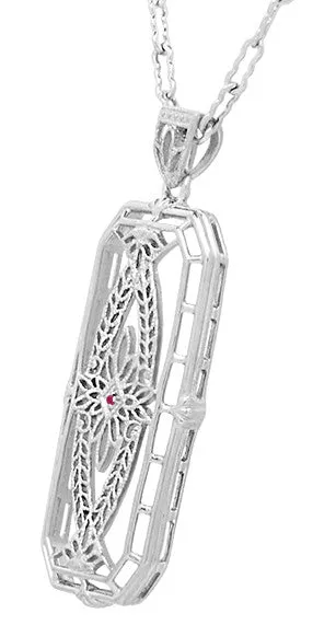 Art Deco Filigree Ichthys Fish Ruby Pendant - Sterling Silver Vintage Necklace Design